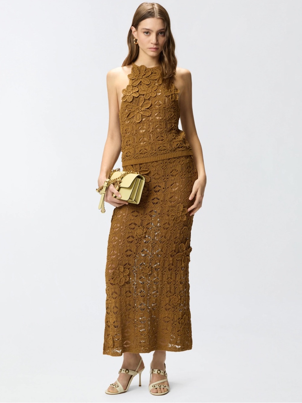 Pinko Brown Crochet Maxi Dress with Floral Appliqué